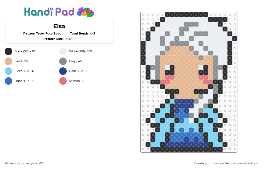 Elsa - Fuse Bead Pattern by cyberghosts97 on Kandi Pad - light blue,blue,beige,gray