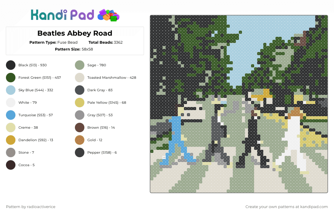 Beatles Abbey Road - Fuse Bead Pattern by radioactiverice on Kandi Pad - beige,gray,light blue,gold