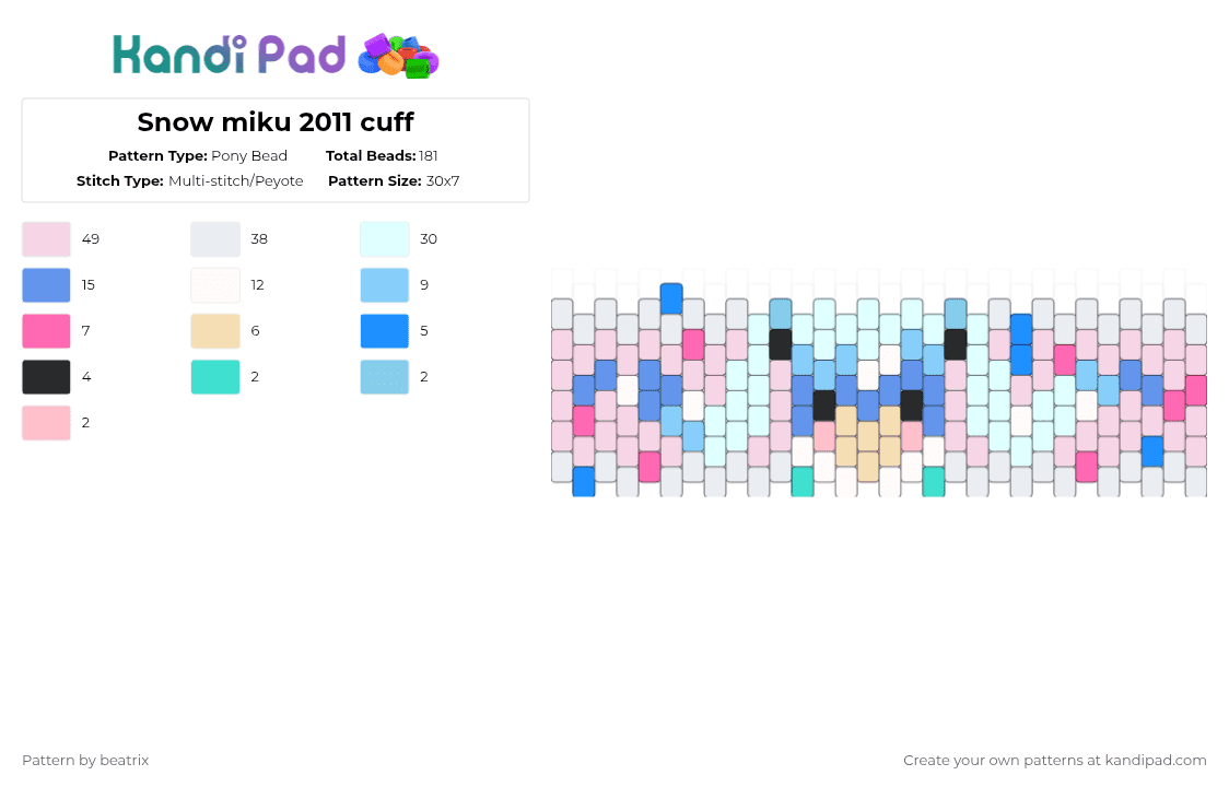 Snow miku 2011 cuff - Pony Bead Pattern by beatrix on Kandi Pad - white,light blue,snow miku,miku,hatsune miku