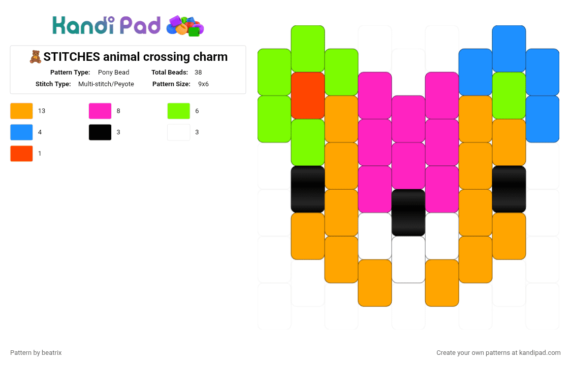 🧸STITCHES animal crossing charm - Pony Bead Pattern by beatrix on Kandi Pad - orange,green,pink