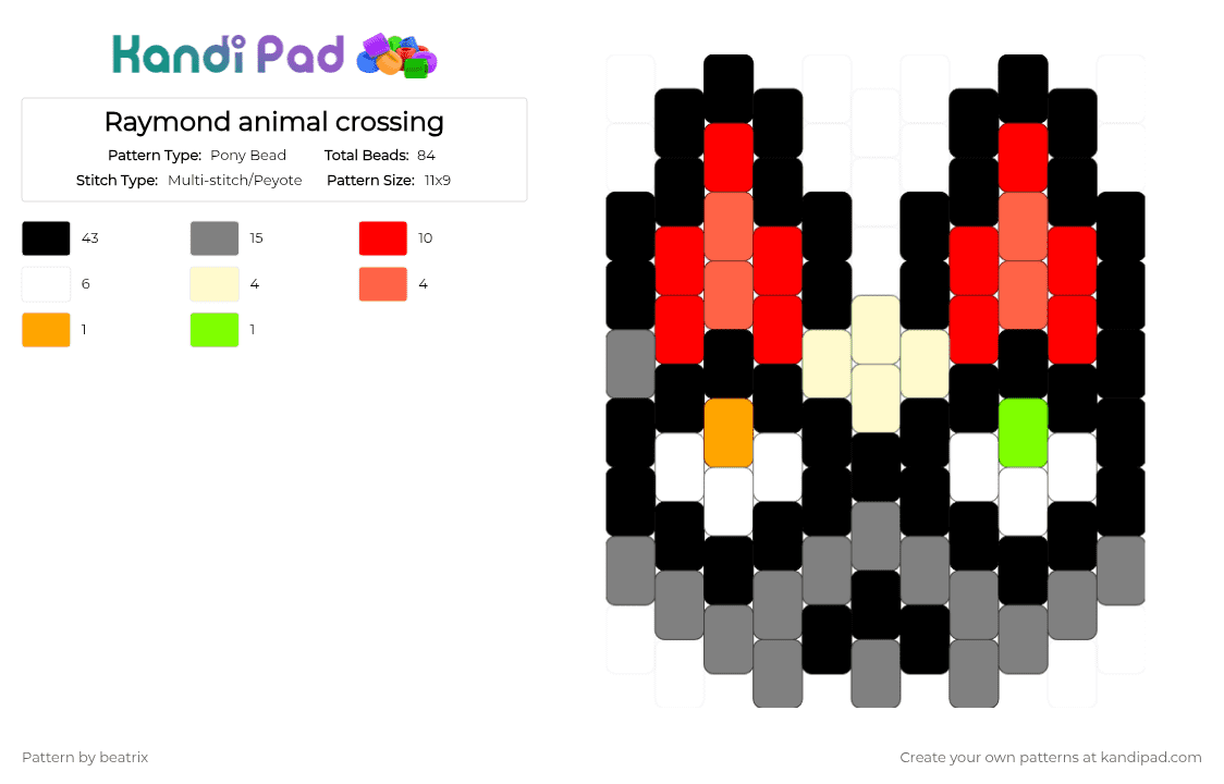 Raymond animal crossing - Pony Bead Pattern by beatrix on Kandi Pad - black, gray, red
