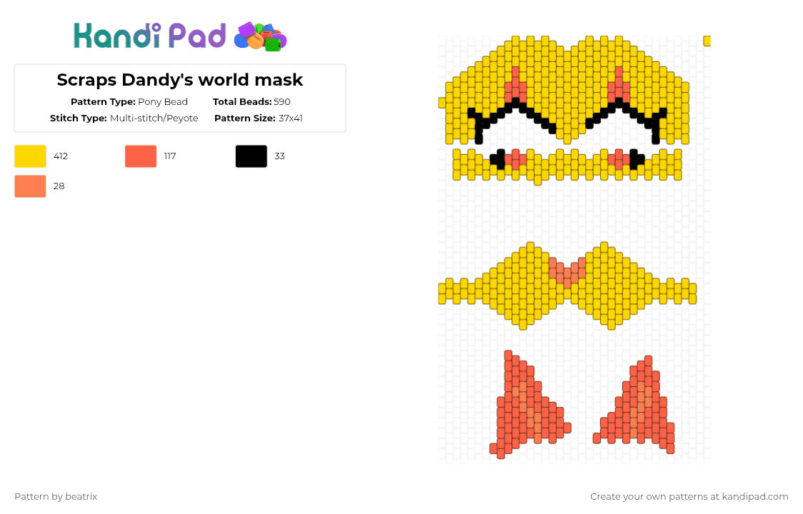 Scraps Dandy\'s world mask - Pony Bead Pattern by beatrix on Kandi Pad - yellow,dandys world,therianmask,kandimask,catmask,scraps,scraps dandys world,cat mask,therian mask