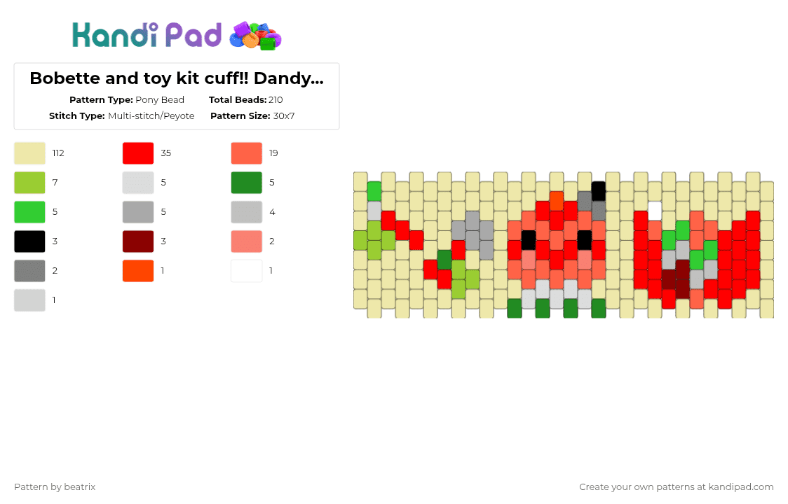 Bobette and toy kit cuff!! Dandy\'s world - Pony Bead Pattern by beatrix on Kandi Pad - red,yellow,dandys world,bobette
