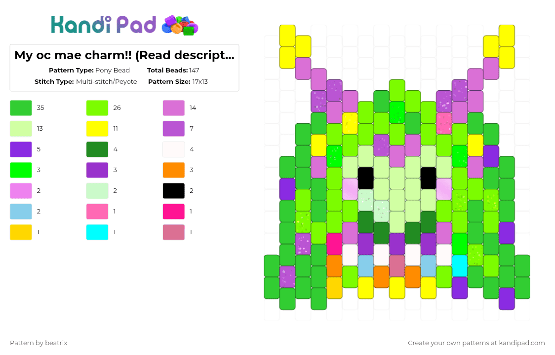 My oc mae charm!! (Read description) ❇️ - Pony Bead Pattern by beatrix on Kandi Pad - green, pink, yellow