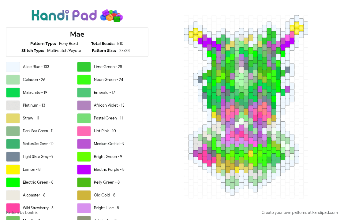 Mae - Pony Bead Pattern by beatrix on Kandi Pad - green, oc, pink, teal