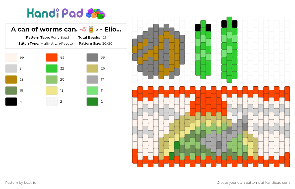 A can of worms can. 🪱🥫♪ - Elio mei/ Madilyn mei - Pony Bead Pattern by beatrix on Kandi Pad - a can of worms, can, cotdworms, elio mei, gray, green, madilyn mei, red, soup, yellow