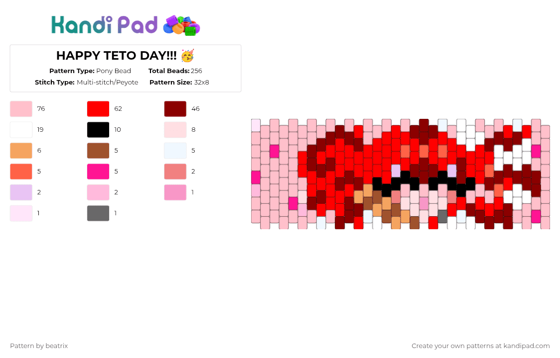 HAPPY TETO DAY!!! 🥳 - Pony Bead Pattern by beatrix on Kandi Pad - red,pink,teto,kasaneteto,aprilfools,vocaloid,miku