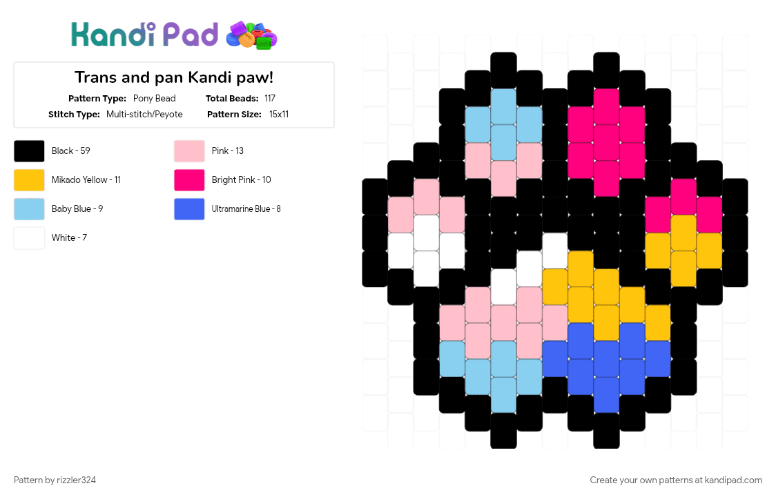 Trans and pan Kandi paw! - Pony Bead Pattern by rizzler324 on Kandi Pad - black, pink