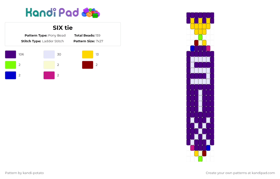 SIX tie - Pony Bead Pattern by kandi-potato on Kandi Pad - purple