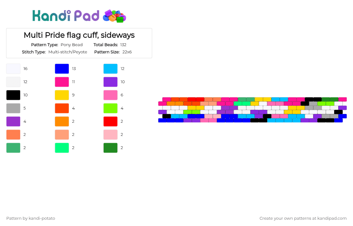 Multi Pride flag cuff, sideways - Pony Bead Pattern by kandi-potato on Kandi Pad - light blue,purple,pink