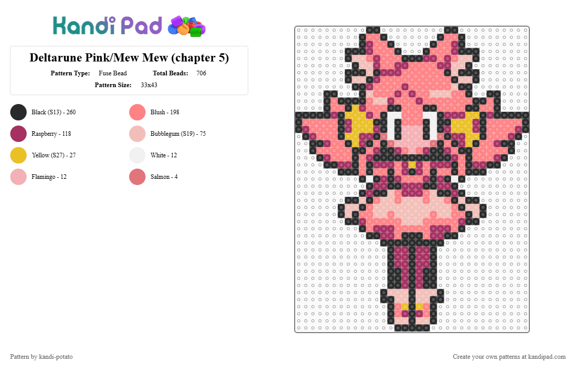 Deltarune Pink/Mew Mew (chapter 5) - Fuse Bead Pattern by kandi-potato on Kandi Pad - deltarune, deltarune chapter 5, mad mew mew, mew mew, pink, red