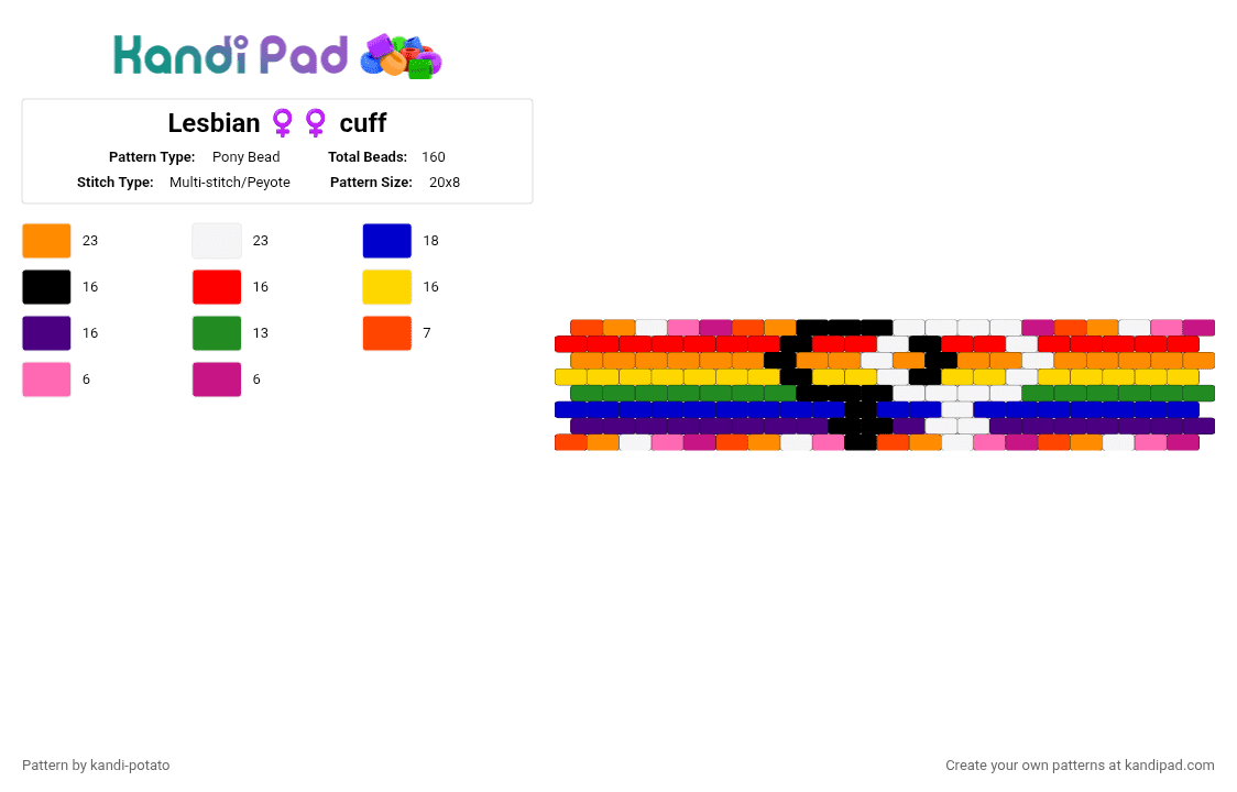 Lesbian ♀️♀️ cuff - Pony Bead Pattern by kandi-potato on Kandi Pad - red,orange,purple
