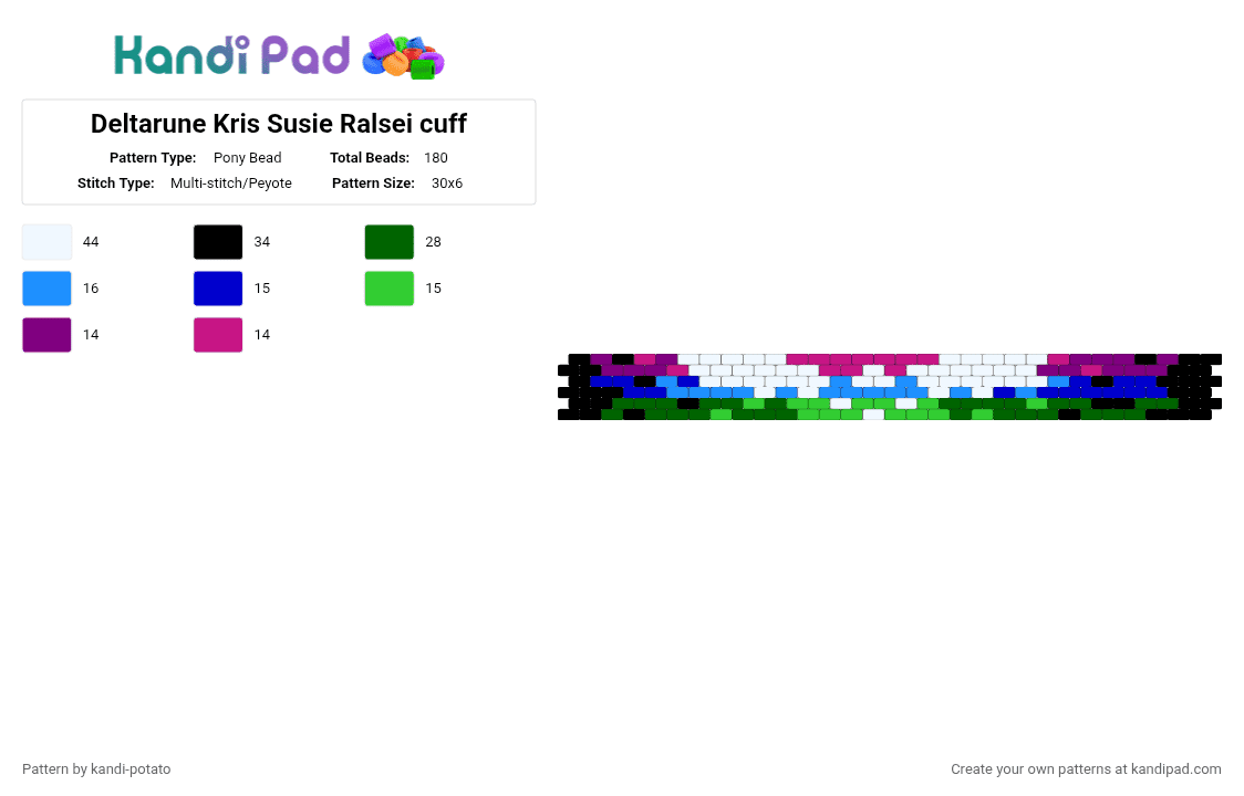 Deltarune Kris Susie Ralsei cuff - Pony Bead Pattern by kandi-potato on Kandi Pad - green, pink