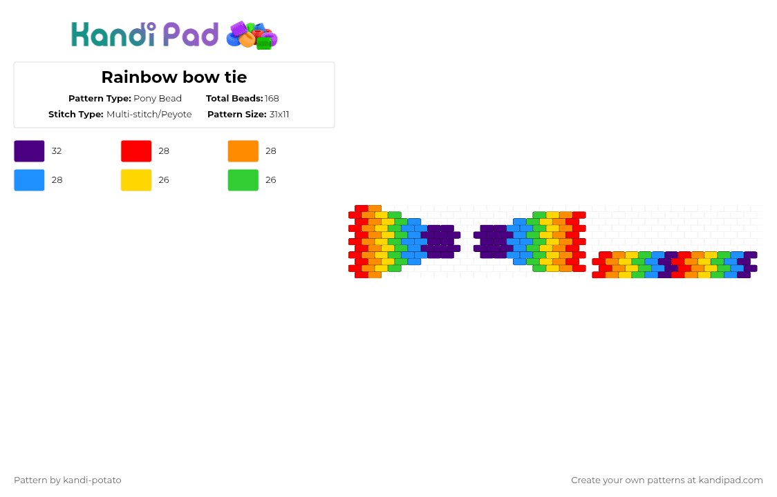 Rainbow bow tie - Pony Bead Pattern by kandi-potato on Kandi Pad - orange,green,purple,colorful,bowtie,rainbow,peyote