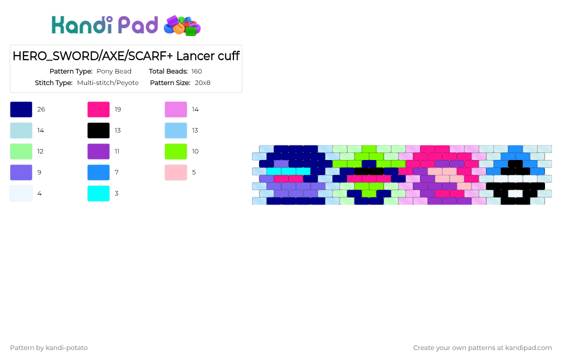 HERO_SWORD/AXE/SCARF+ Lancer cuff - Pony Bead Pattern by kandi-potato on Kandi Pad - purple,light blue,pink,deltarune,ralsei,susie,kris,lancer,herosword,heroaxe,heroscarf