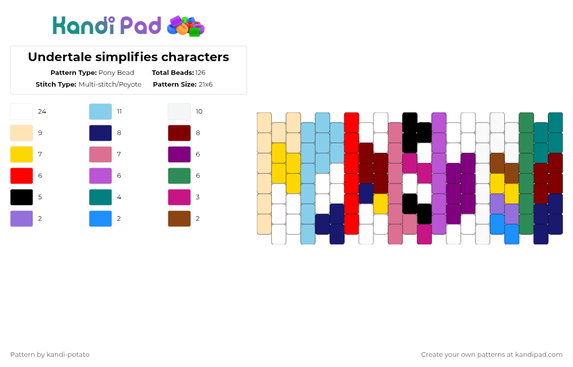 Undertale simplifies characters - Pony Bead Pattern by kandi-potato on Kandi Pad - purple,pink,light blue,beige,undertale,sans,papyrus,toriel,mettaton,alphys,undyne,frisk