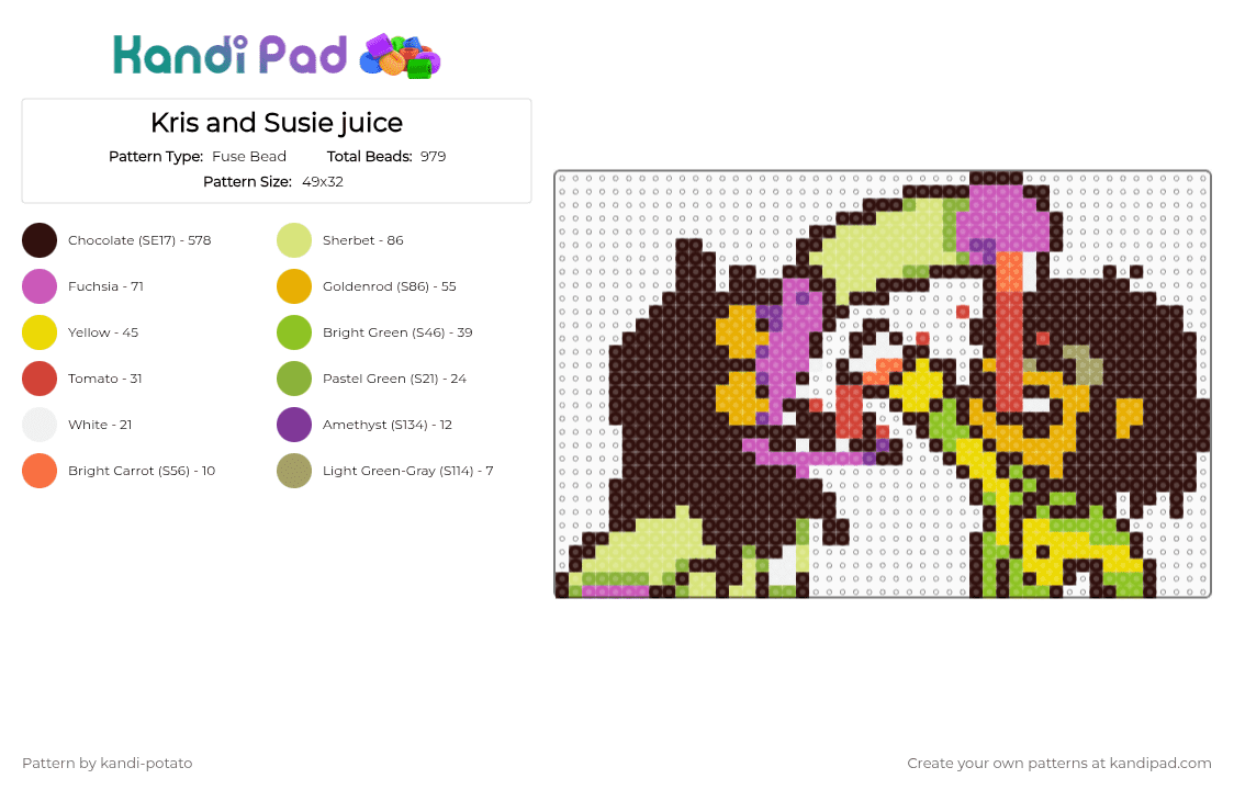 Kris and Susie juice - Fuse Bead Pattern by kandi-potato on Kandi Pad - brown,yellow,kris,susie,deltarune,juice