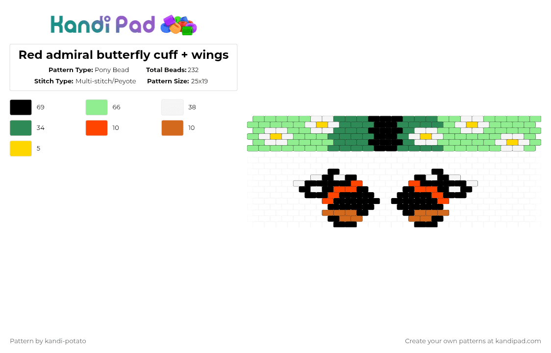 Red admiral butterfly cuff + wings - Pony Bead Pattern by kandi-potato on Kandi Pad - teal,green