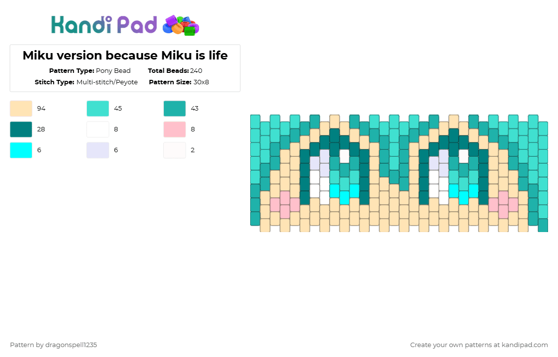 Miku version because Miku is life - Pony Bead Pattern by averytheduhvvy on Kandi Pad - teal,beige,miku,hatsune miku,blue hair,blue tie,hiding in your wifi,vocaloid,face,eyes