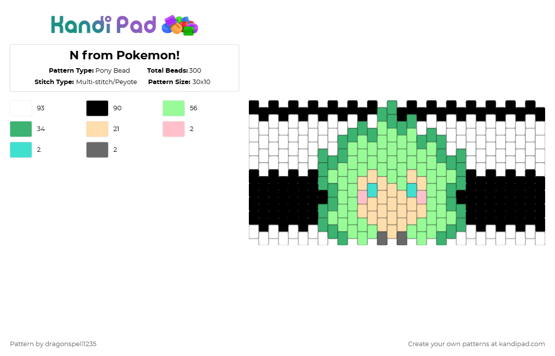 N from Pokemon! - Pony Bead Pattern by averytheduhvvy on Kandi Pad - white,teal,beige,green,pokemon,characters,n from pokemon,natural harmonia,team plasma,pokemon bw,pokemon b2w2,n