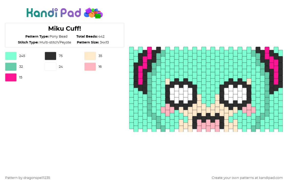 Miku Cuff! - Pony Bead Pattern by averytheduhvvy on Kandi Pad - teal,hatsune miku,vocaloid,miku,hatsune,blue hair,blue tie,hiding in your wifi,pjsk
