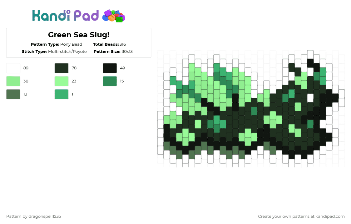 Green Sea Slug! - Pony Bead Pattern by averytheduhvvy on Kandi Pad - gastropod, green seaslug, mollusc, nudibranch, sea slug, seaslug, slug, teal