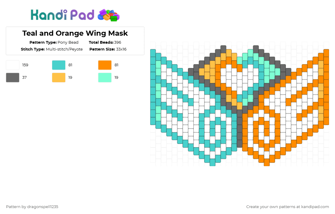 Teal and Orange Wing Mask - Pony Bead Pattern by averytheduhvvy on Kandi Pad - light blue,orange,mask,winged mask,wings,teal,white,face mask