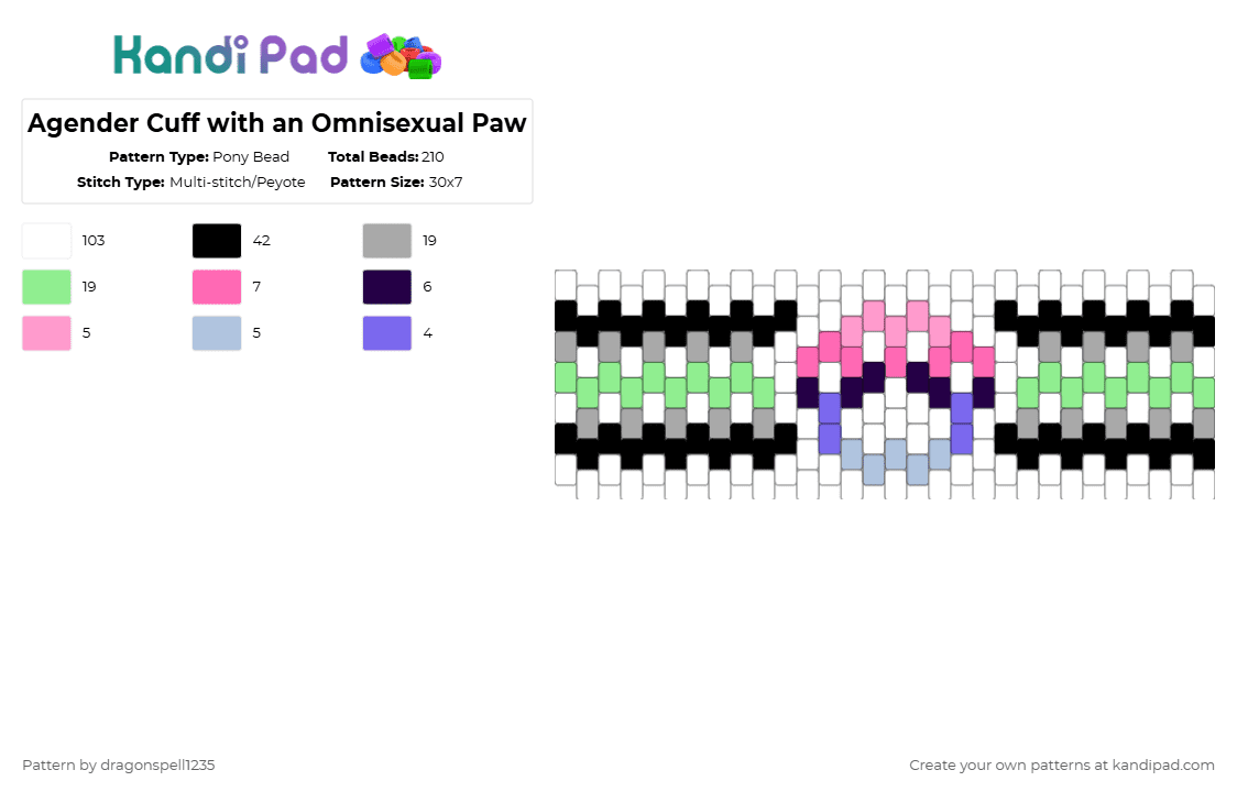 Agender Cuff with an Omnisexual Paw - Pony Bead Pattern by averytheduhvvy on Kandi Pad - white,pink,beige,teal,pride,lgbtq,lgbtqia,agender,omnisexual,queer,paw print,pride flag