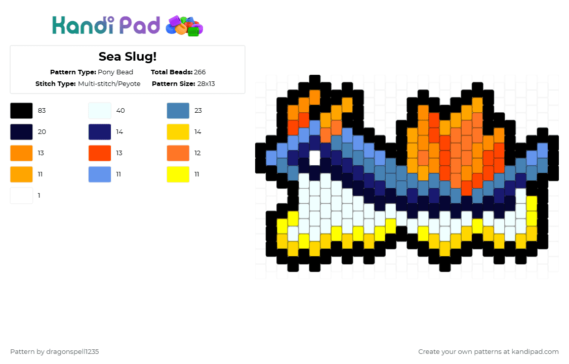 Blue Sea Slug! - Pony Bead Pattern by averytheduhvvy on Kandi Pad - orange,blue,yellow,nudibranch,sea slug,mollusc,slug,blue sea slug,chromodoris,gastropod