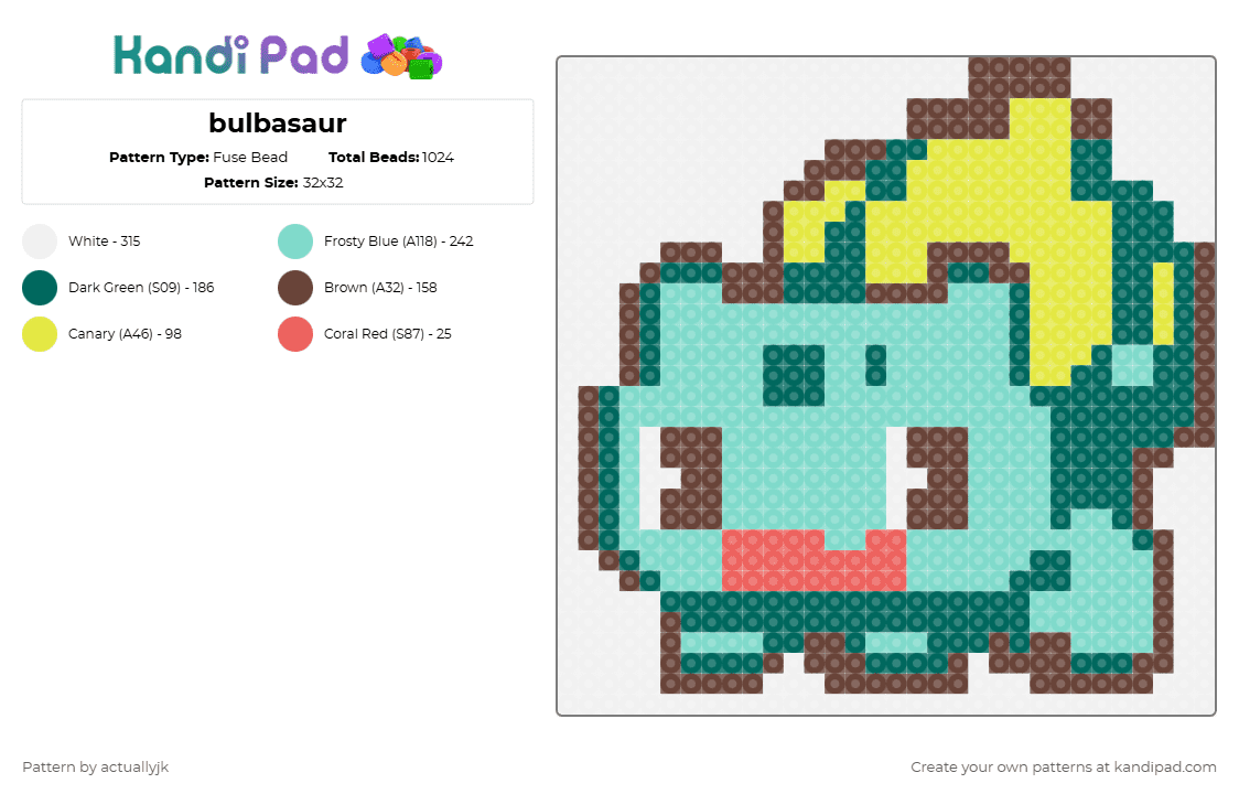 Bulbasaur Fuse Bead Pattern - Kandi Pad | Kandi Patterns, Fuse Bead ...
