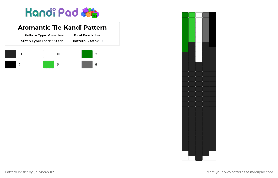 Aromantic Tie-Kandi Pattern - Pony Bead Pattern by cole_not_found on Kandi Pad - black,green,gray,kandi,tie,pride,aromantic