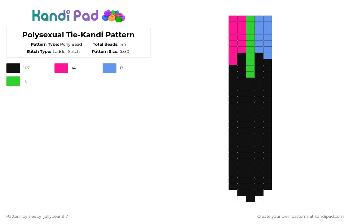 Polysexual Tie-Kandi Pattern - Pony Bead Pattern by cole_not_found on Kandi Pad - black,pink,light blue,kandi,tie,pride,polysexual