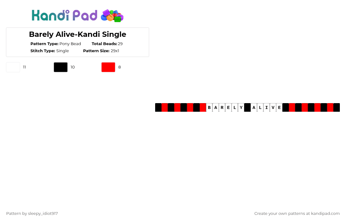 Barely Alive-Kandi Single - Pony Bead Pattern by cole_not_found on Kandi Pad - white,red,kandi single,bracelet