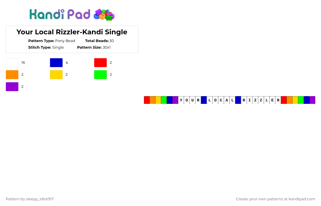Your Local Rizzler-Kandi Single - Pony Bead Pattern by cole_not_found on Kandi Pad - white,purple,random kandi single,kandi single,bracelet