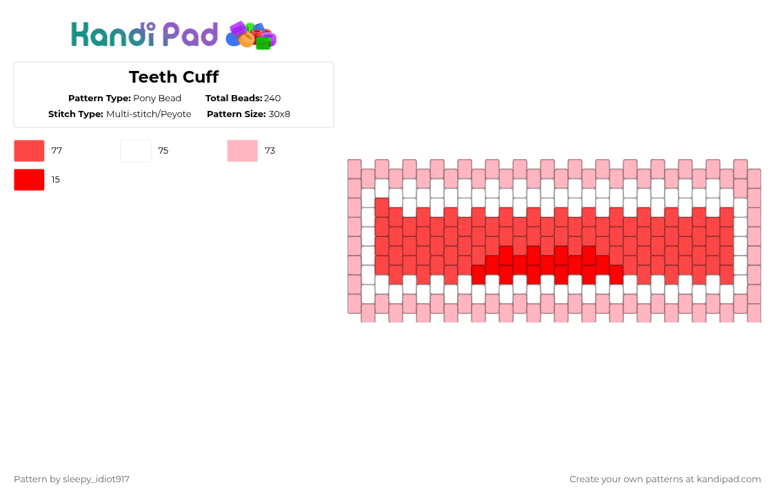 Teeth Cuff - Pony Bead Pattern by cole_not_found on Kandi Pad - red,pink,teeth,cuff,kandi,kandi cuff