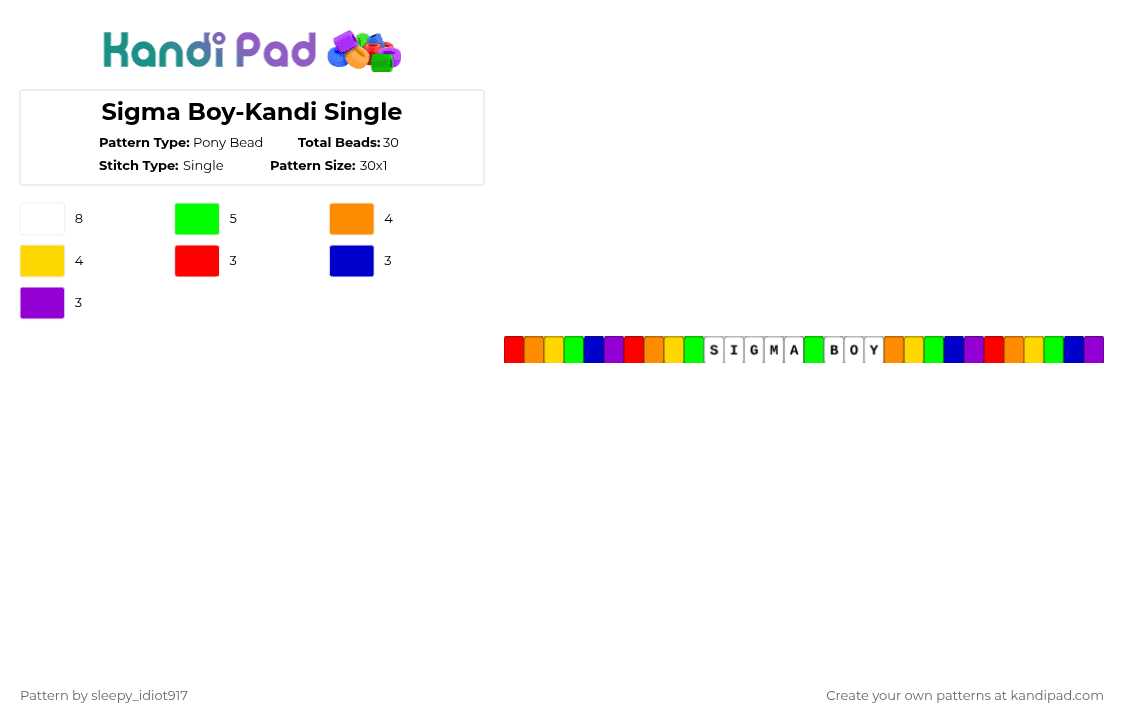 Sigma Boy-Kandi Single - Pony Bead Pattern by cole_not_found on Kandi Pad - green,purple,brainrot,random kandi single,bracelets,kandi single