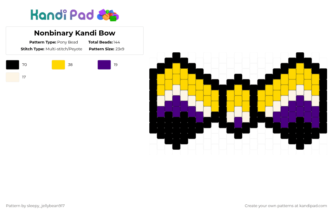 Nonbinary Kandi Bow - Pony Bead Pattern by cole_not_found on Kandi Pad - yellow,purple