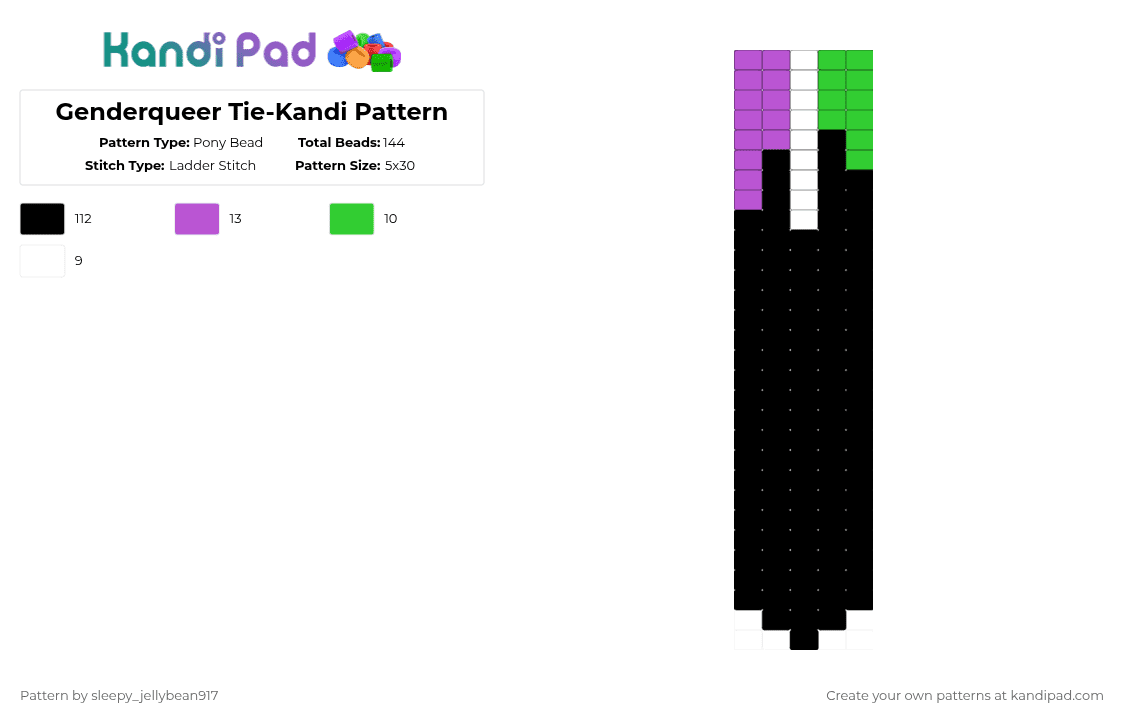 Genderqueer Tie-Kandi Pattern - Pony Bead Pattern by cole_not_found on Kandi Pad - black,green,pink,kandi,tie,pride,genderqueer