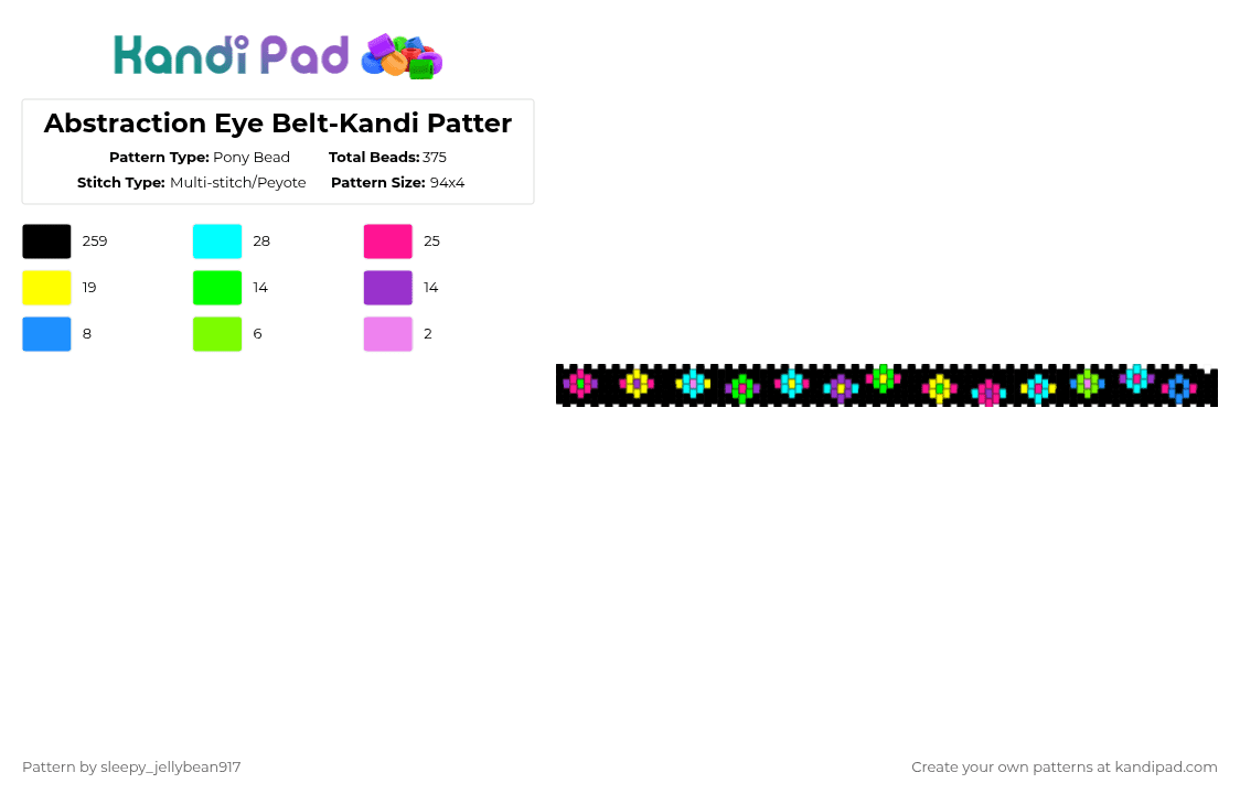 Abstraction Eye Belt-Kandi Pattern - Pony Bead Pattern by cole_not_found on Kandi Pad - black,light blue,pink,tadc,abstraction,neon,belt,kandi pattern,eyes