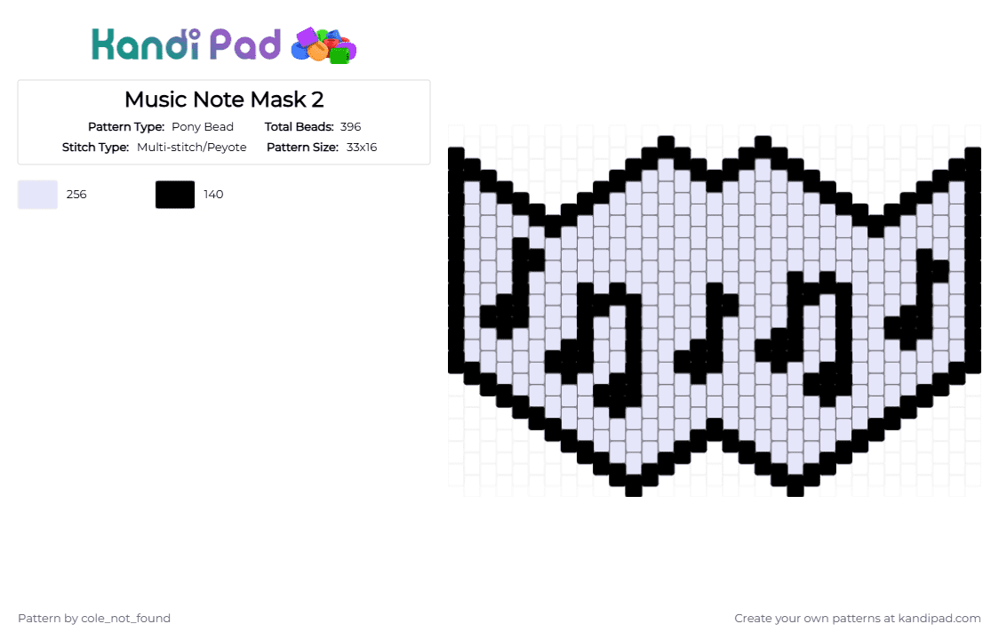 Music Note Mask 2 - Pony Bead Pattern by cole_not_found on Kandi Pad - black, masks, white