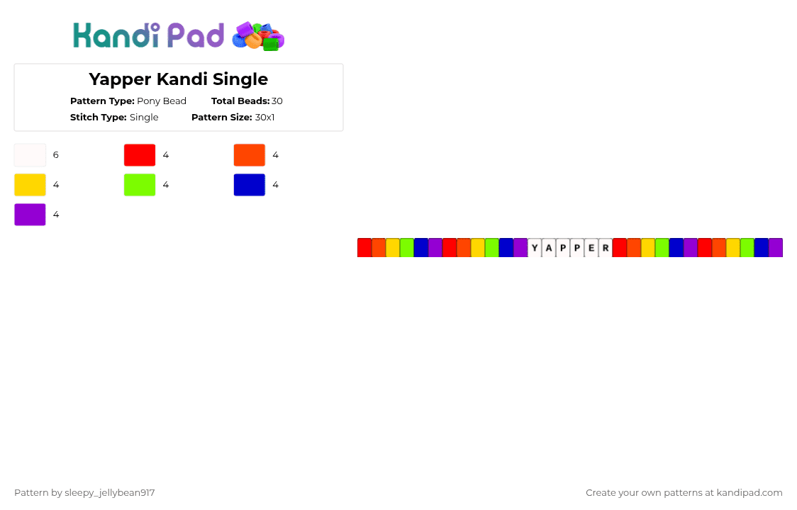 Yapper Kandi Single - Pony Bead Pattern by cole_not_found on Kandi Pad - red,purple,rainbow,yapper,single,kandi pattern