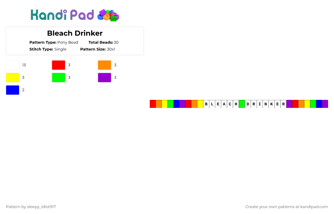 Bleach Drinker - Pony Bead Pattern by cole_not_found on Kandi Pad - white,purple,random kandi single,random kandi,single,bracelet