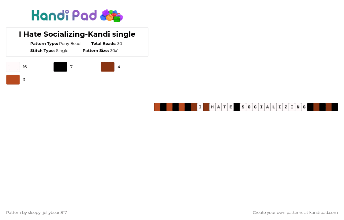 I Hate Socializing-Kandi single - Pony Bead Pattern by cole_not_found on Kandi Pad - red,white,brown,black,kandi single