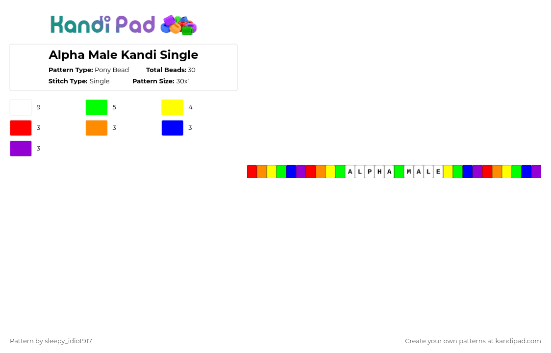 Alpha Male Kandi Single - Pony Bead Pattern by cole_not_found on Kandi Pad - yellow,green,purple,brainrot,alpha male,kandi single,random single,random kandi,bracelet