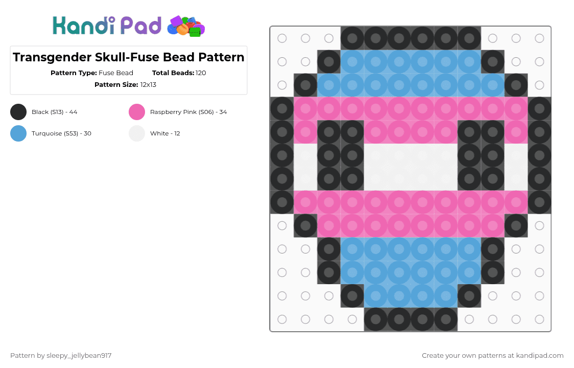Transgender Skull-Fuse Bead Pattern - Fuse Bead Pattern by cole_not_found on Kandi Pad - light blue,pink,transgender,fuse bead,skull,pride
