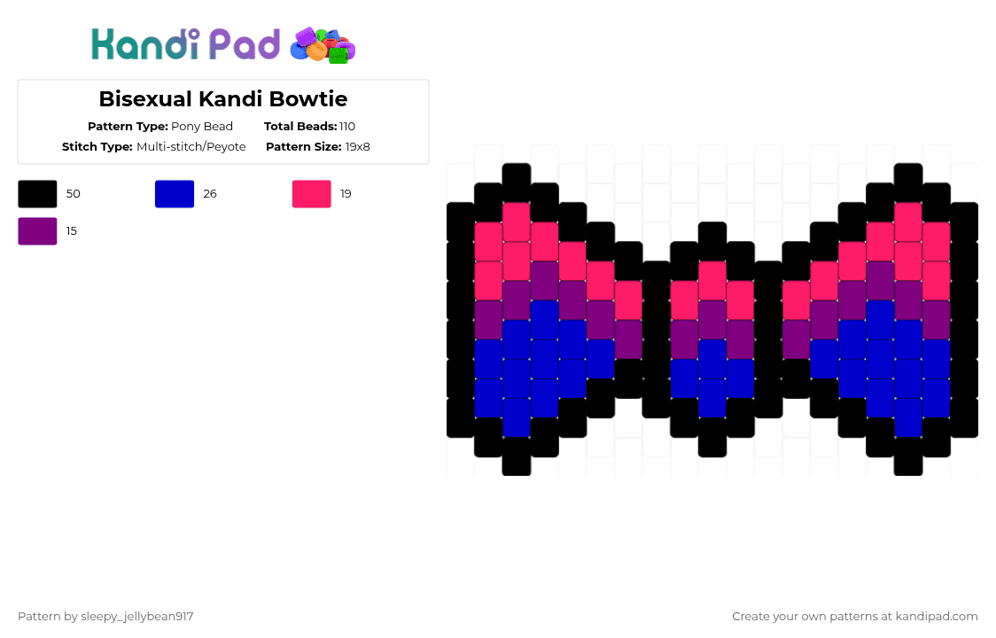 Bisexual Kandi Bowtie - Pony Bead Pattern by cole_not_found on Kandi Pad - purple,pride,kandi,bisexual,bowtie