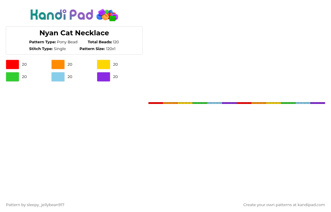 Nyan Cat Necklace - Pony Bead Pattern by cole_not_found on Kandi Pad - orange,green,purple,colorful,nyan cat,rainbow