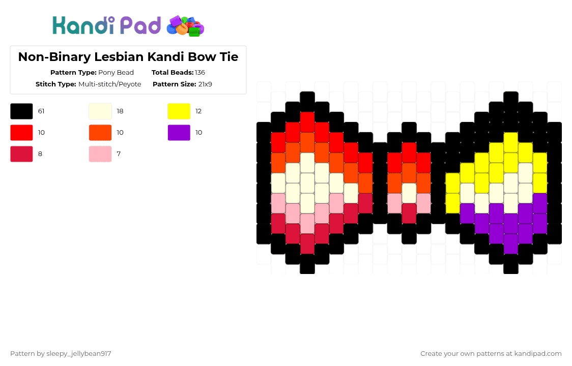 Non-Binary Lesbian Kandi Bow Tie - Pony Bead Pattern by cole_not_found on Kandi Pad - red,lesbian,kandi,bowtie,pride,nonbinary
