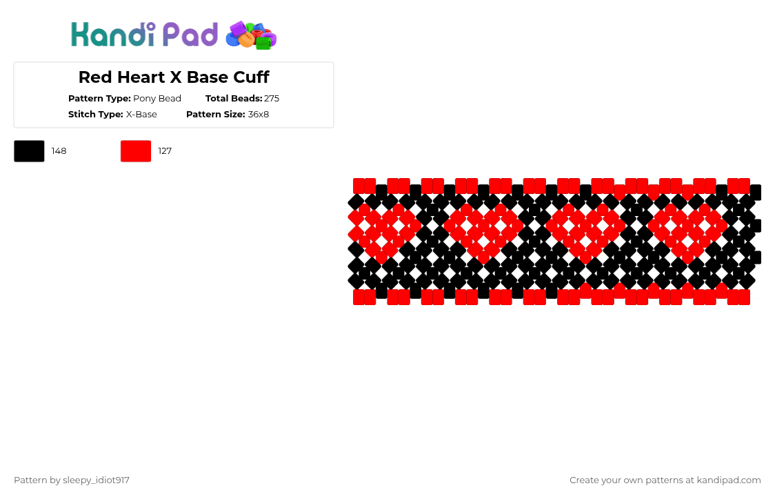 Red Heart X Base Cuff - Pony Bead Pattern by cole_not_found on Kandi Pad - red,black,heart,x base,kandi,cuff
