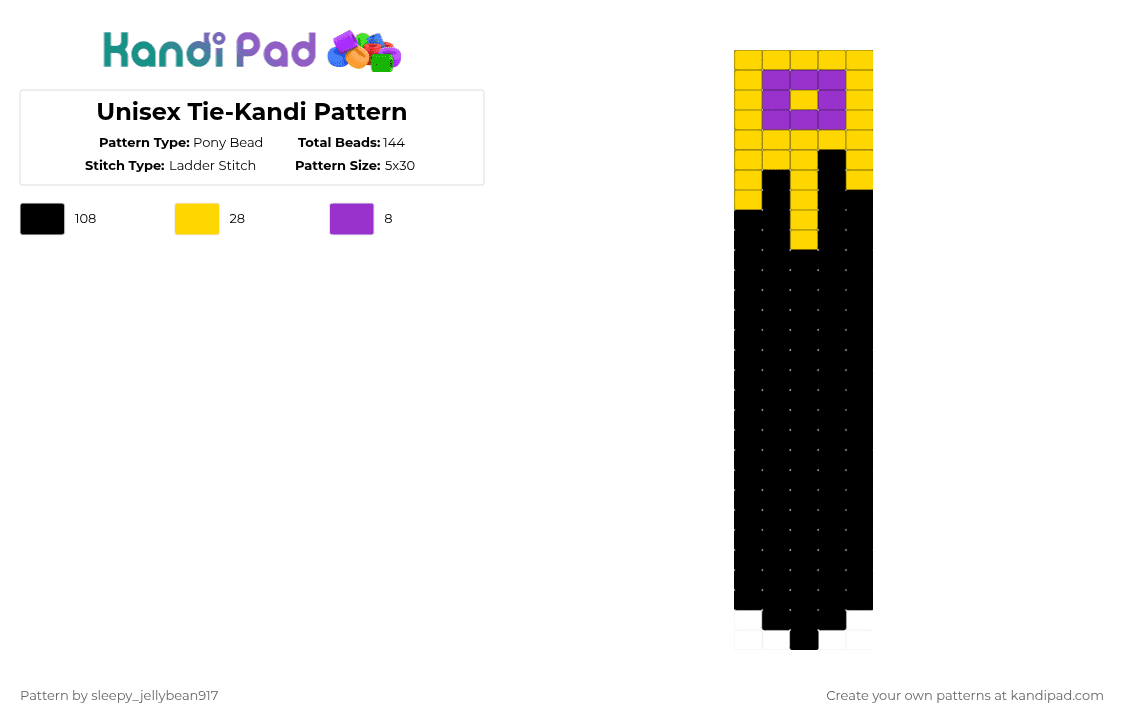 Unisex Tie-Kandi Pattern - Pony Bead Pattern by cole_not_found on Kandi Pad - black,yellow,kandi,tie,pride,unisex